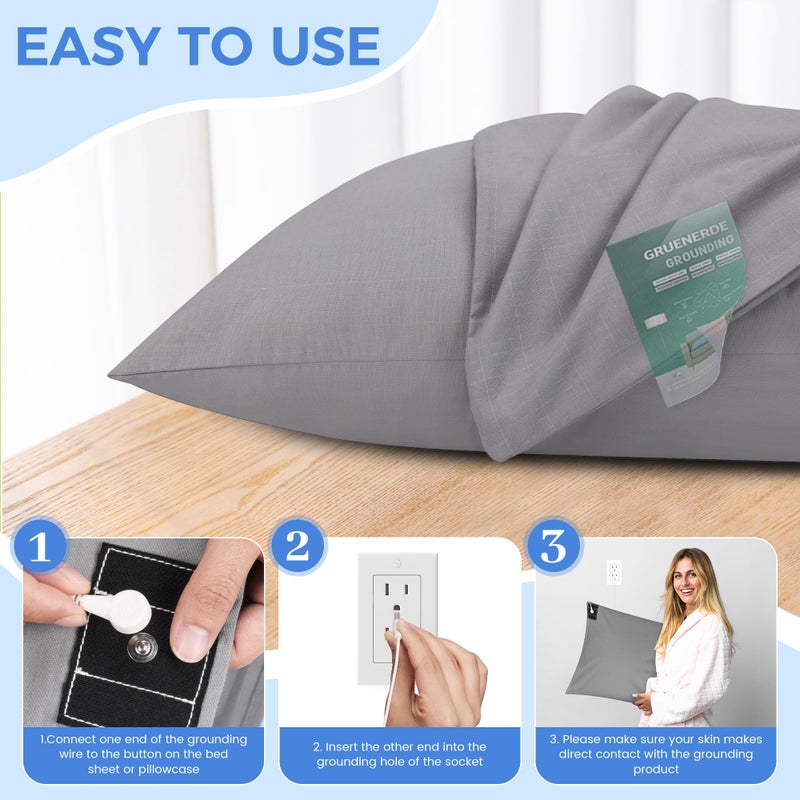 GRUENERDE Grounding Pillowcase King with 15ft Grounding Cord Conductive Grounding Pillowcase 20x36in Silver Fiber Improve Sleep Reduce Stress Anxiety Relief Gray 1pc - Image 2
